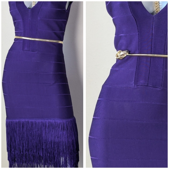 VENUS Bandage Layered Fringe Plunging Neck Sleeveless Cocktail Purple Dress - Picture 4 of 15